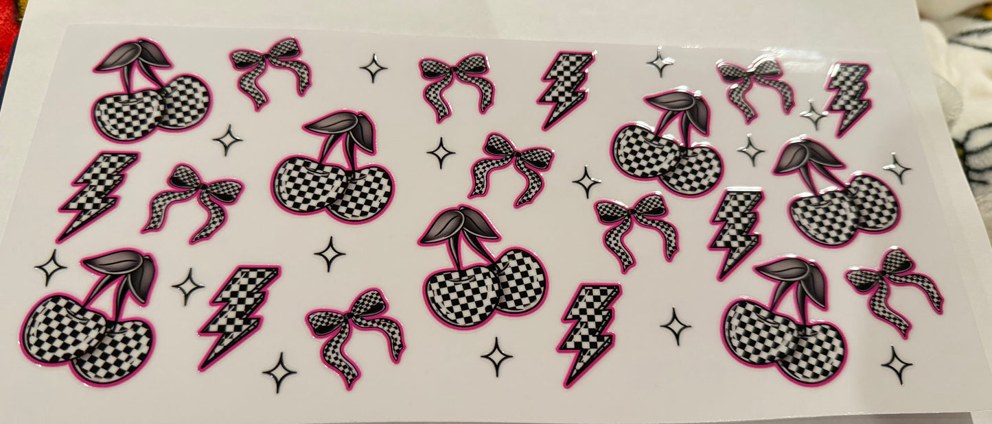 Pink checkered cherries, bolts, bows