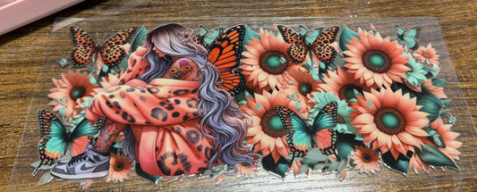 Girl, butterflies, flowers