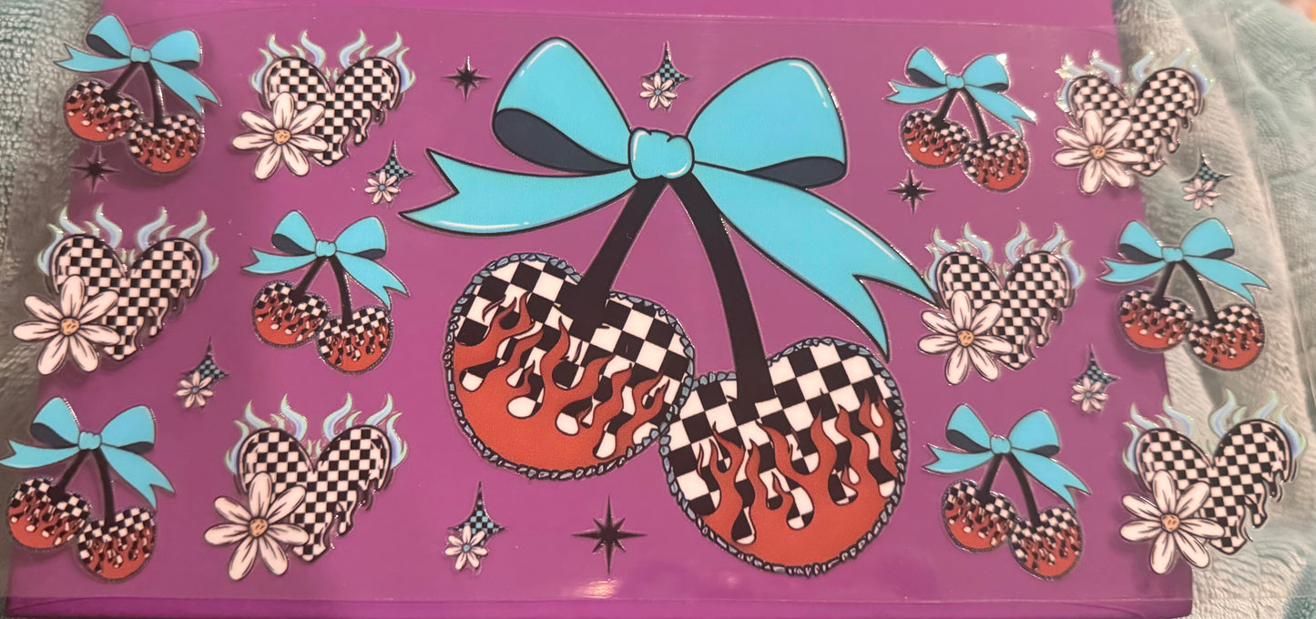 Teal checkered, cherry bow