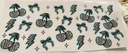 Teal checkered, cherries, bolts, and bows