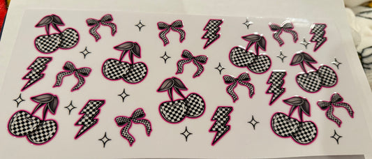 Pink checkered cherries, bolts, bows