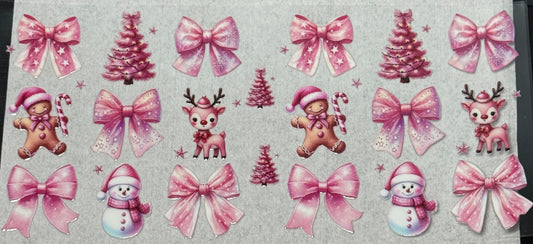 Pink Christmas tree with snowman and reindeer wrap